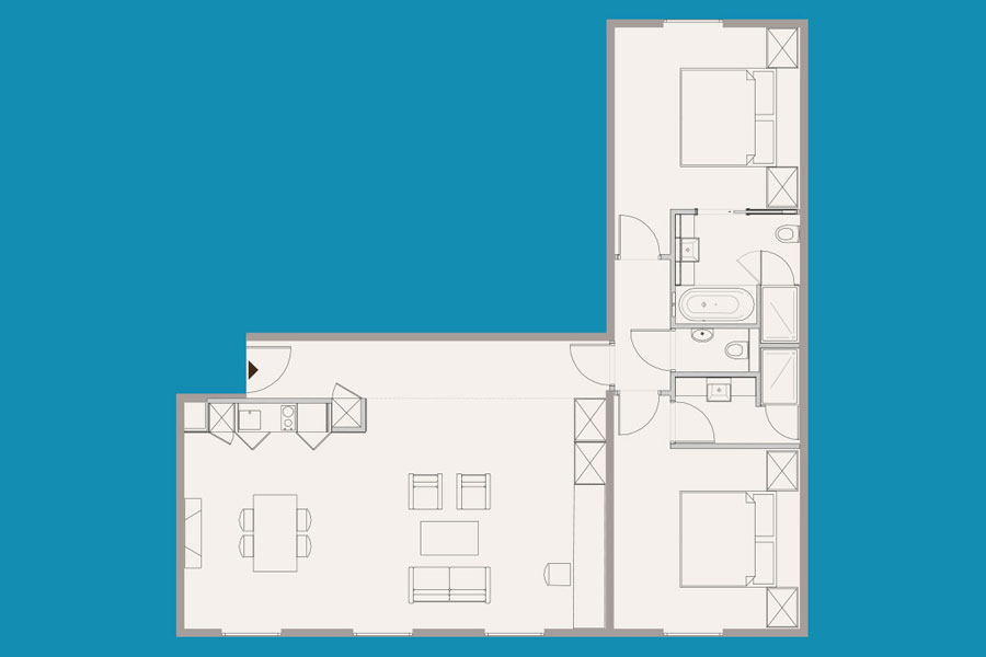 شقق فندقية  عائلية  بغرفتين نوم  – مساحة 100 م مربع floorplan